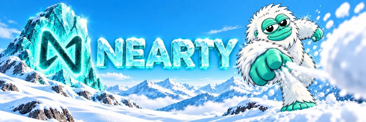 Nearty the yeti winding up a snowball throw next to a glowing NEAR ice crystal, under big NEARTY ice letters
